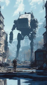 Postapocalyptic city street dominated by giant war mech