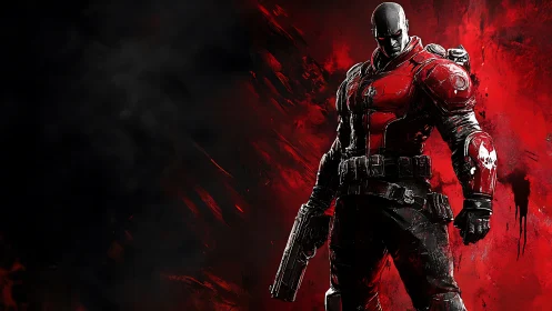 Armored gunfighter emerging from red abstract inferno backdrop.