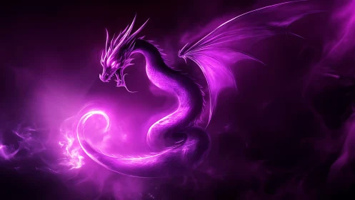 Violet storm dragon coils through luminous arcane mist.