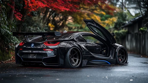 Black BMW i8 widebody under autumn foliage, doors raised.