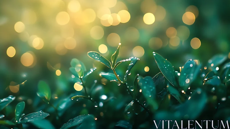 Morning dew on glossy leaves with golden bokeh glow.