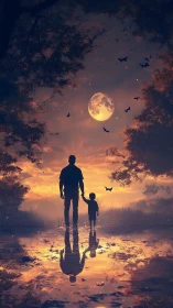 Father and child silhouettes under moonlit sunset sky.
