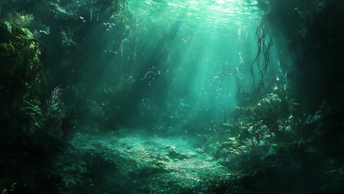 Volumetric light penetrates dense underwater cavern with foliage