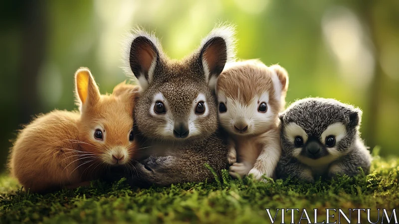 Group of stylized baby animals resting on forest floor.