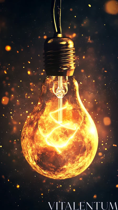 Glowing golden lightbulb swirling with warm creative sparks.