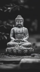 Stone stillness: garden Buddha in monochrome hush.