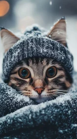 Tabby Cat Portrait with Snow-Covered Knit Beanie and Enhanced Feline Facial Features