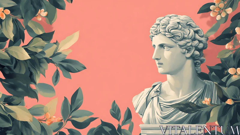 Classical marble bust framed by lush foliage on coral background