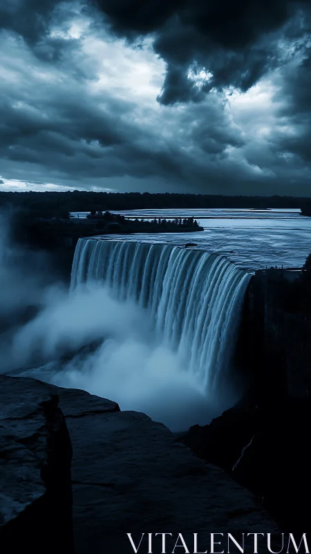 Moody long-exposure waterfall under storm-laden sky in blue toning.
