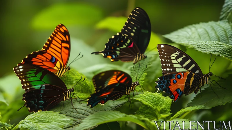Multiple tropical butterflies rest on broad green foliage