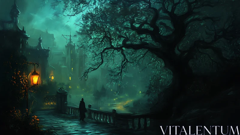 Nighttime walkway overlooks misty town and large twisted tree