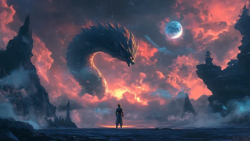 Celestial dragon confrontation above volcanic shoreline at dusk