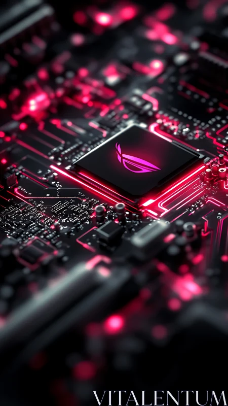 Cyberpunk motherboard close-up with luminous central chipset.