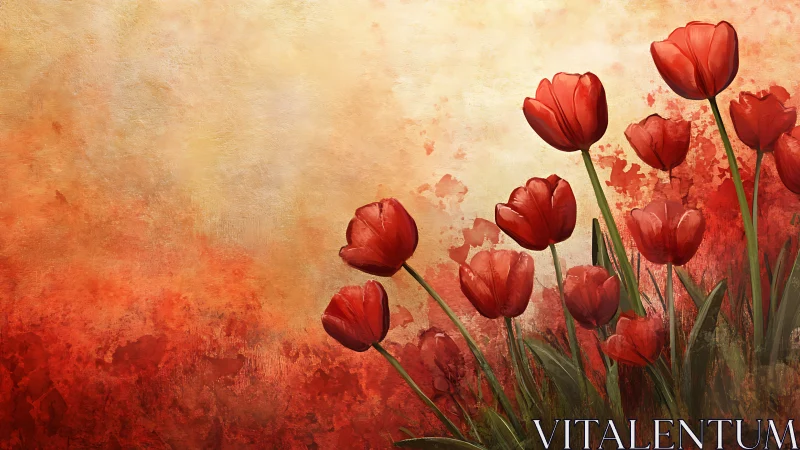 Red Tulips with Impasto Acrylic Brushwork Against Warm Ombre Background.