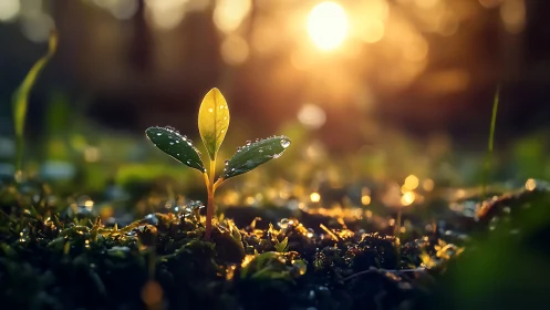 Dew-covered seedling at sunrise in tranquil, natural setting.