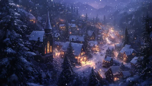 Snowy alpine village aglow with warm winter lights at dusk.