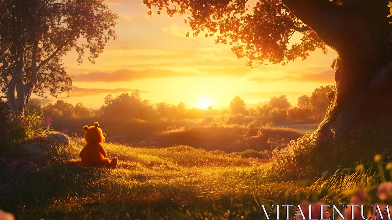 Backlit plush bear observing volumetric golden hour sunset.