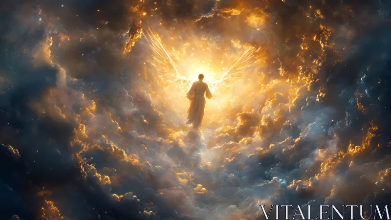 Radiant angel ascends through blazing celestial storm of light
