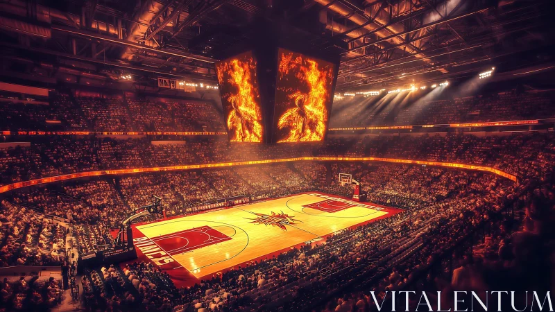 Digital arena interior with fiery central scoreboard display.