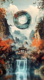 Celestial ring hovers above autumn shrine and misty falls.