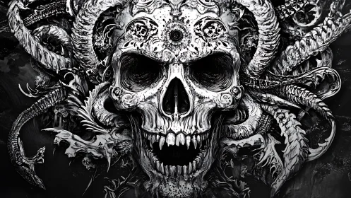 Baroque skull entwined with eldritch tentacles radiates menace