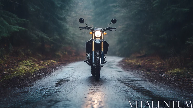 Solitary motorcycle on misty forest road in rainfall.
