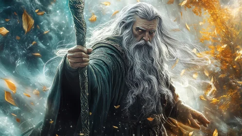 Digital painting of stormbound archmage amid swirling foliage.