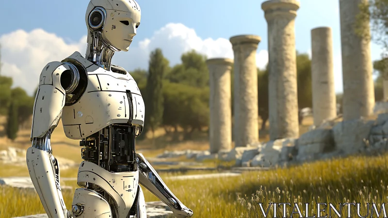 Humanoid service robot in sunlit ancient stone ruins landscape