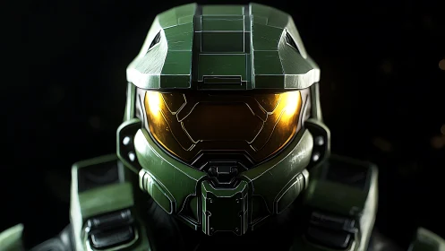 Futuristic green combat helmet with illuminated gold visor