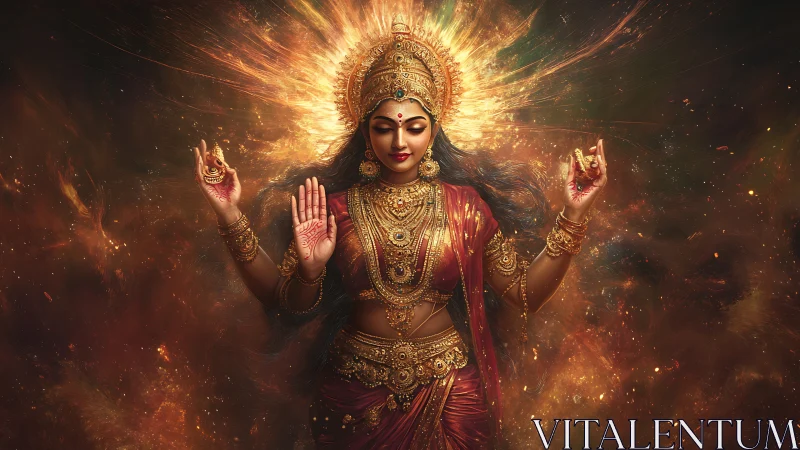 Hindu goddess portrait in fiery golden digital painting.