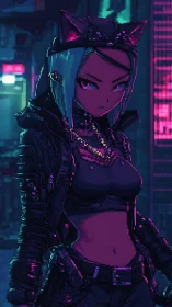 Cyberpunk cat-eared street mercenary in neon alley at night