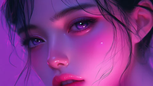 Neon lit digital portrait with luminous violet eyes.