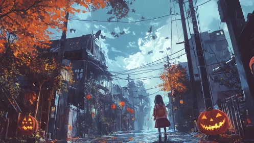 Small wanderer strolls through rainlit Halloween streetdreams