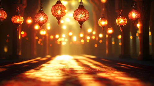 Golden lantern glow in a tranquil sunlit corridor.