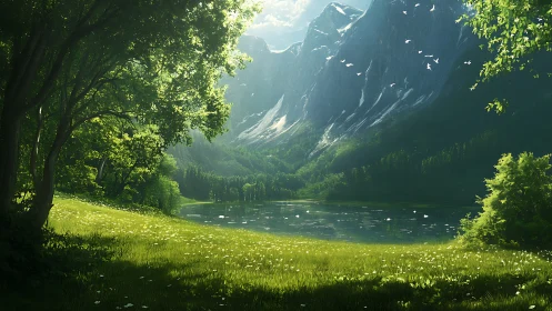 Sunlit lakeside meadow welcomes quiet moments of wonder
