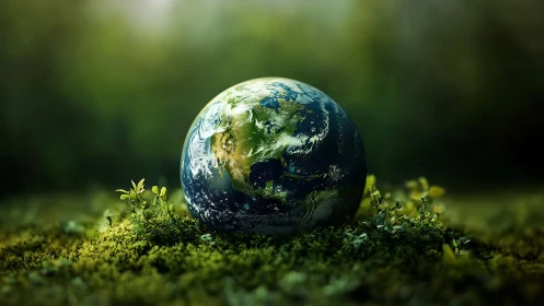 Miniature Earth resting on mossy forest floor at dawn.