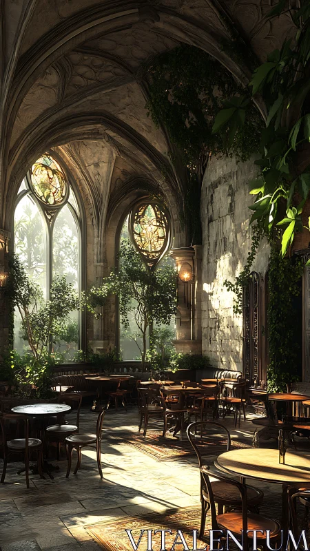 Gothic conservatory caf&eacute; interior with luminous stained glass.
