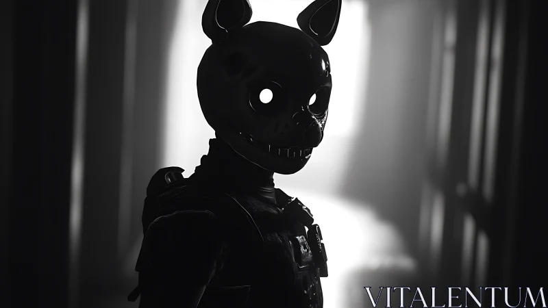 Masked figure stalks a shadowy corridor in stark monochrome