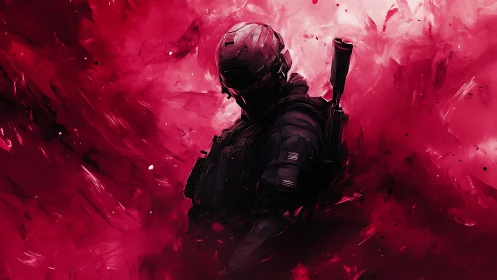 Armored tactical soldier emerging through abstract crimson particle field