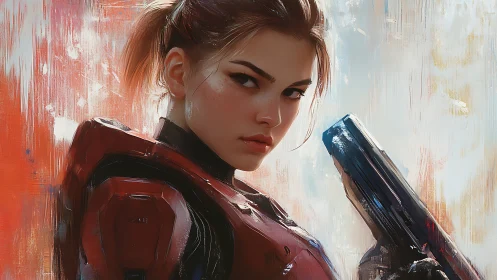 Armored sci fi heroine stares ahead in vivid battle light