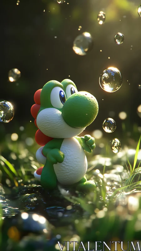 Green cartoon dinosaur observes glowing bubbles in forest.