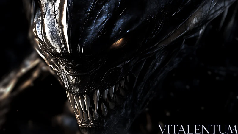 Ferocious alien monster close-up with sharp metal teeth.