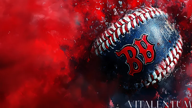 Baseball with red BB emblem appears amid red abstract field