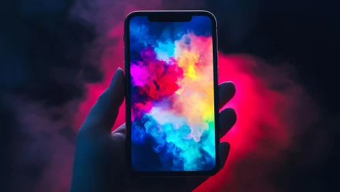 Smartphone display emits neon cloud spectrum in low key lighting