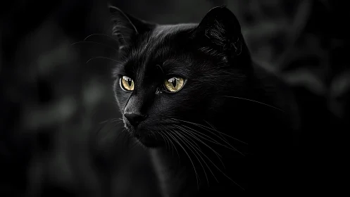 Black Feline Portrait with Aureate Ocular Features Against Achromatic Background