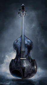 Midnight cello stands in swirling mist with ethereal poise
