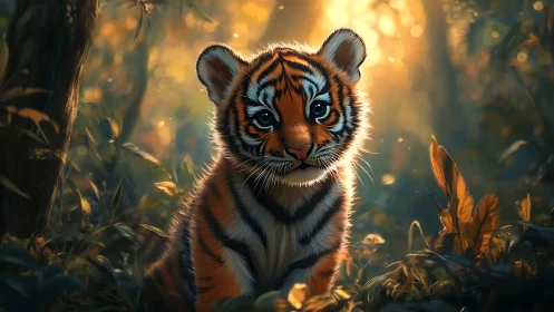 Backlit tiger cub rendered in high-detail digital painting