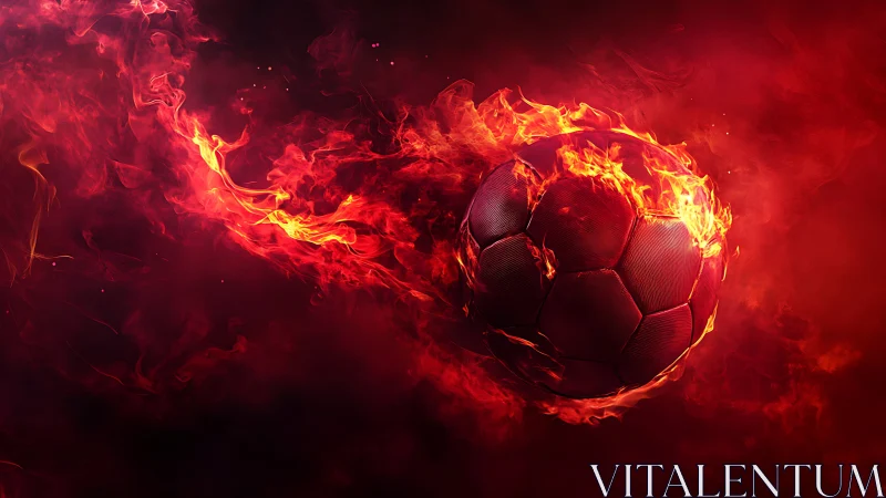 Soccer ball is rendered engulfed in directional flames midair