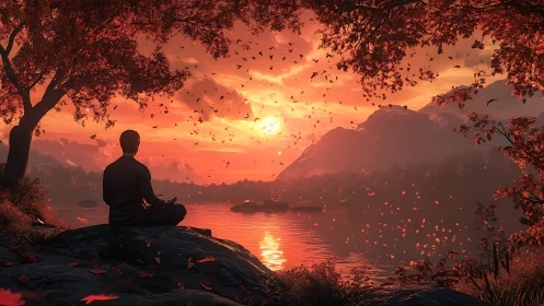 Digital painting of meditative figure at autumn lakeside sunset.