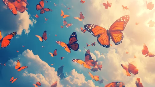 Multiple orange butterflies move across a bright clouded sky